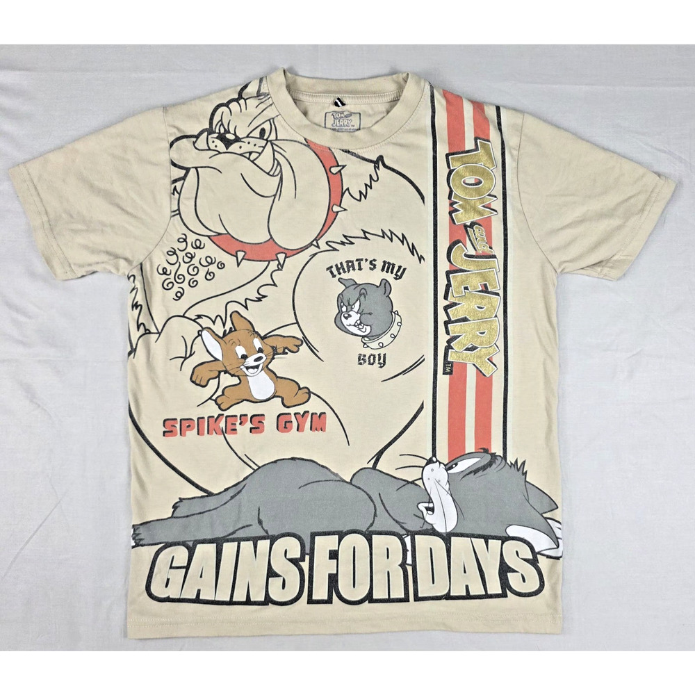 Tom and Jerry Spike s Gym T-Shirt Youth Large L 14-16 Gains For Days Tan